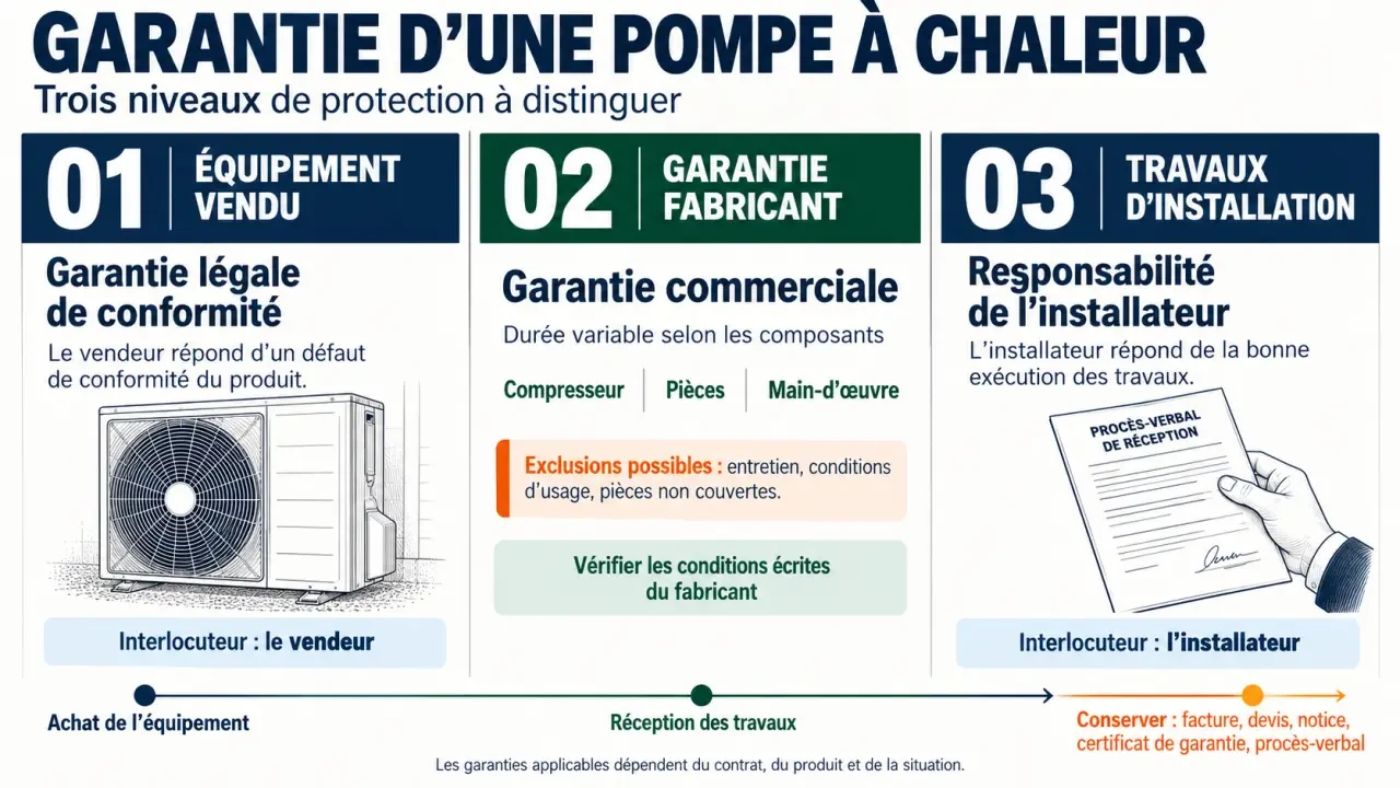 Infographie sur la garantie pompe à chaleur et les responsabilités du fabricant et de l’installateur
