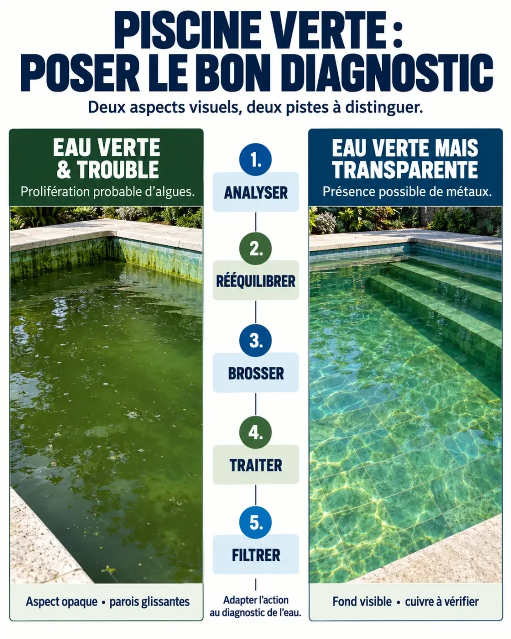 Produit miracle eau verte piscine : distinguer les algues d’une coloration par les métaux et suivre les étapes de traitement