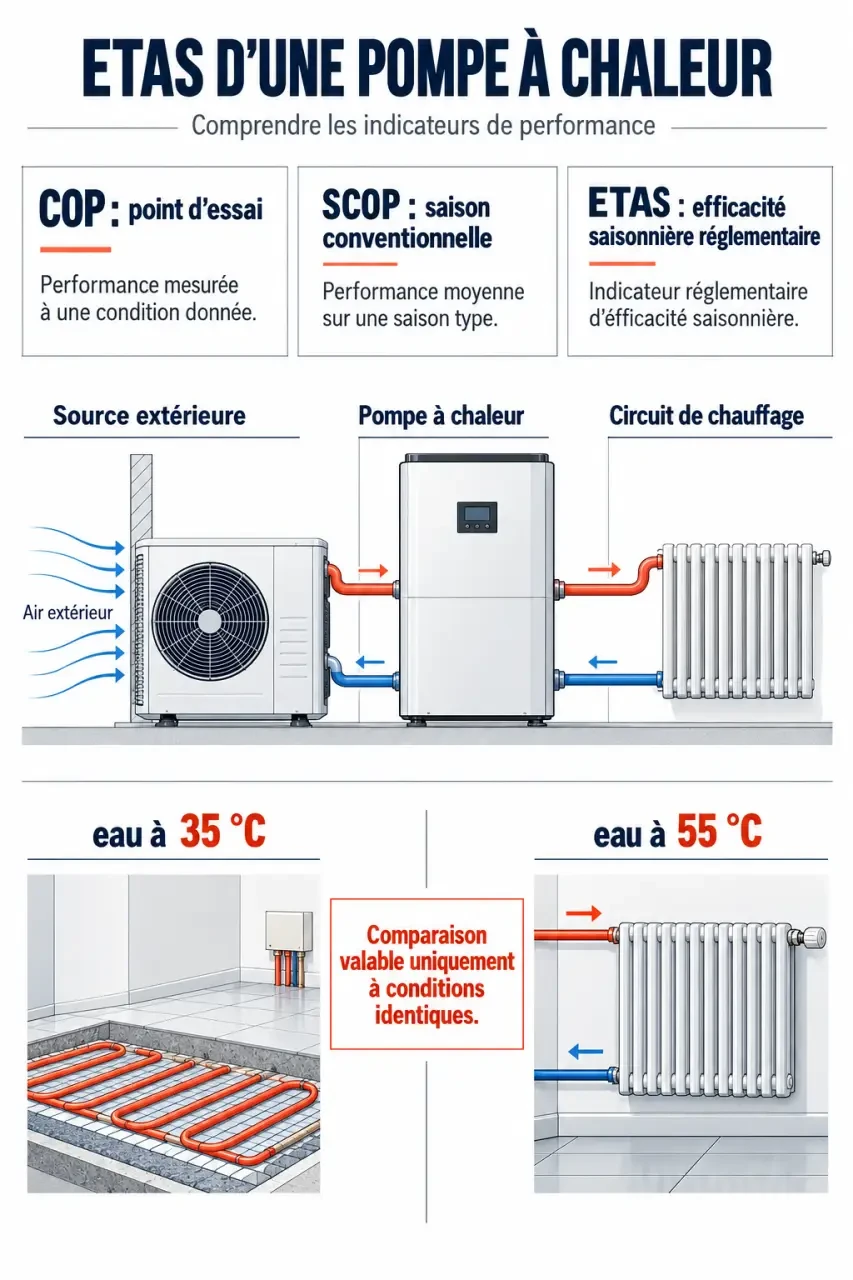 Infographie sur l’ETAS d’une pompe à chaleur et la différence entre COP, SCOP, 35 °C et 55 °C
