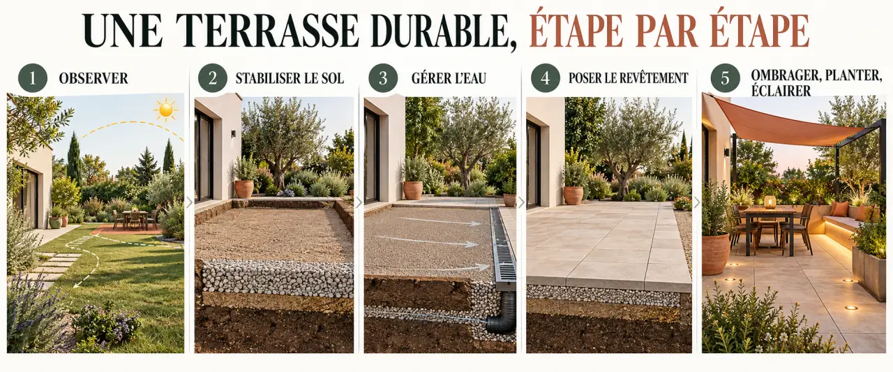 Infographie sur l'aménagement d'une terrasse durable, de la préparation du sol à la végétalisation
