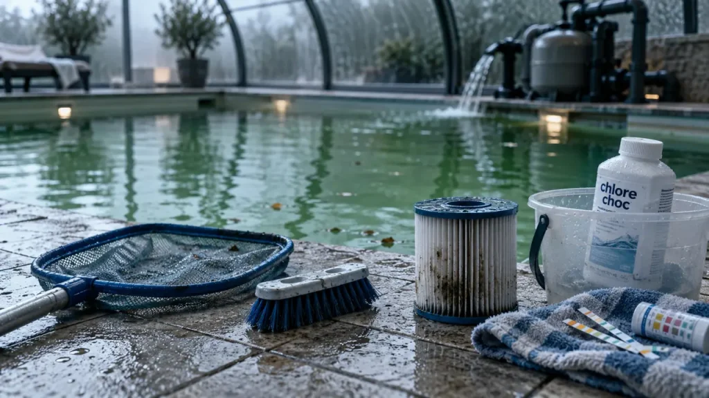Produit miracle pour une eau verte de piscine : le chlore choc ne suffit pas sans filtration